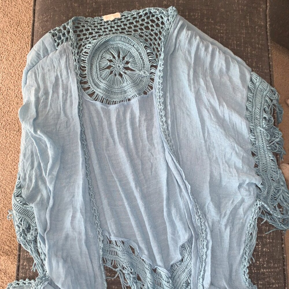Boho Blue Crochet Fringe Kimono Cardigan Beach Cover-Up